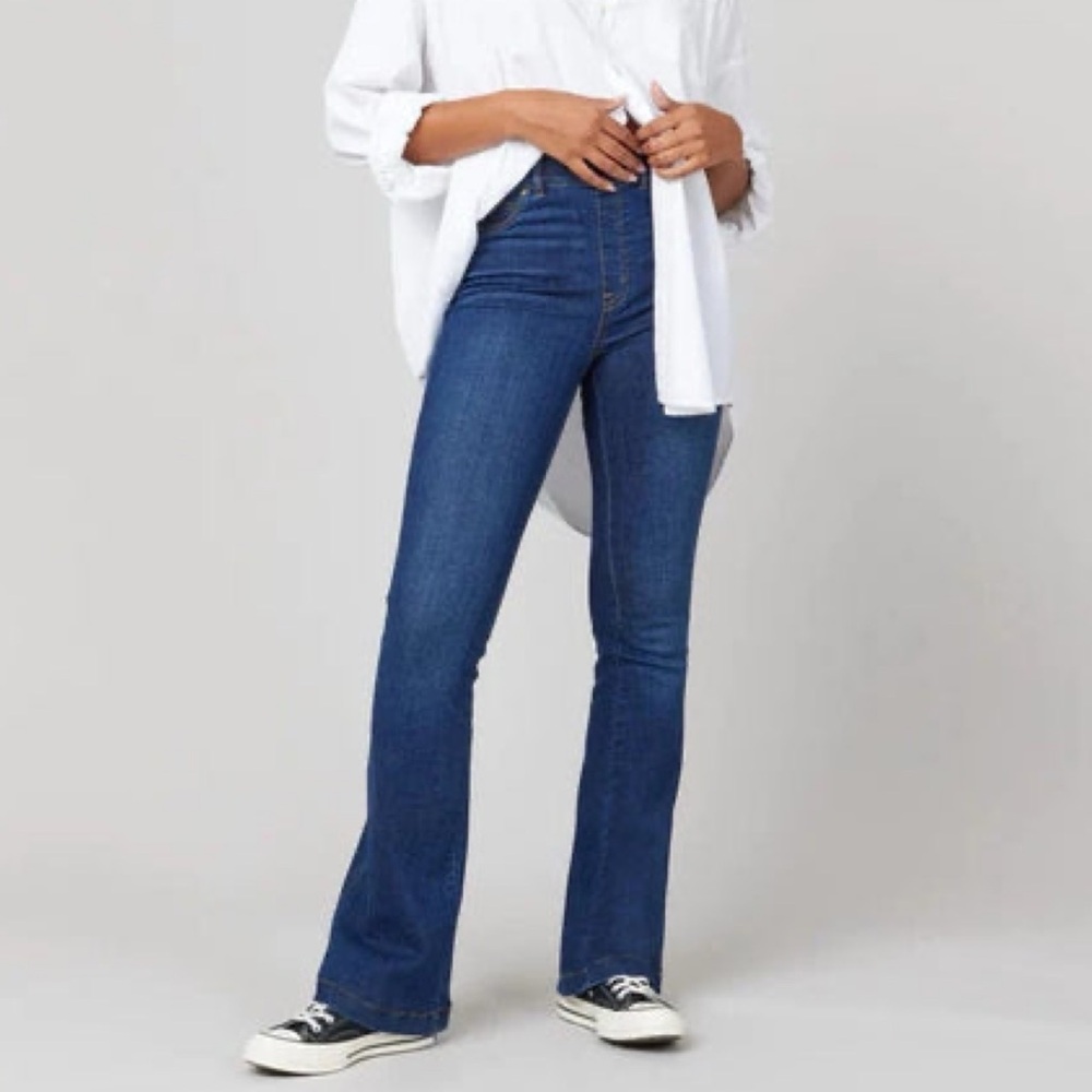 Spanx Jeans High Rise Flare Tummy Control Stretch Denim Mid To Dark Wash Small